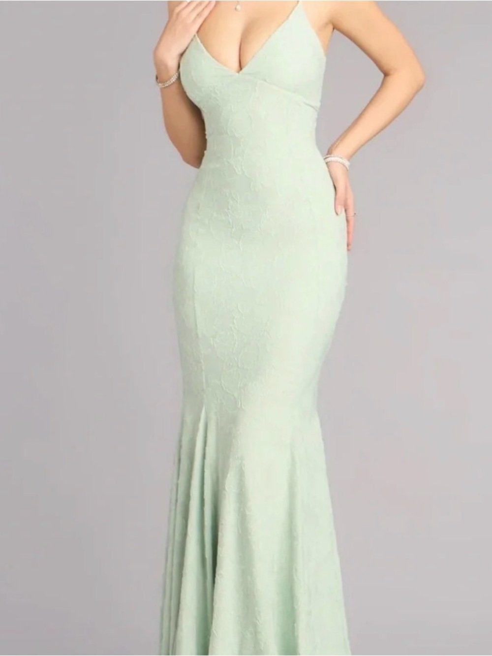 Windsor Mint Lace Mermaid Gown with V-Neck